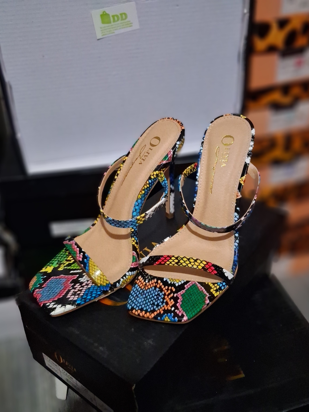Ollio Multicolor Snake-Print Strappy Heels in Blue, Green, Pink, Yellow & Black